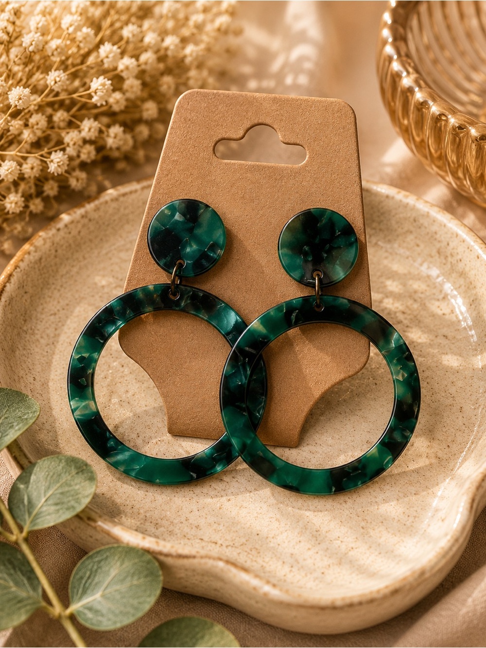 Green Tortoiseshell Open Hoop Drop Earrings -